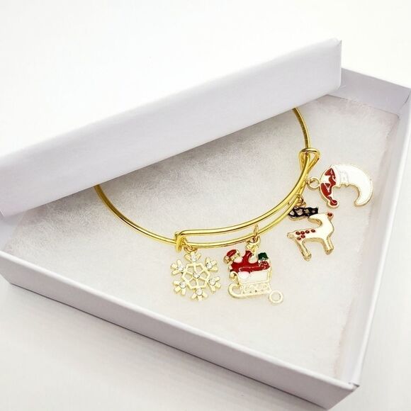 Gold Christmas Charm Bangle Bracelet - Picture 1 of 11